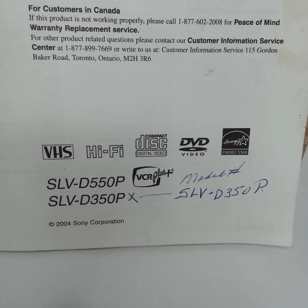 Sony DVD VCR Model# SLV-D350P SLV-D550P VCR PLUS Factory Operating Manual 2004